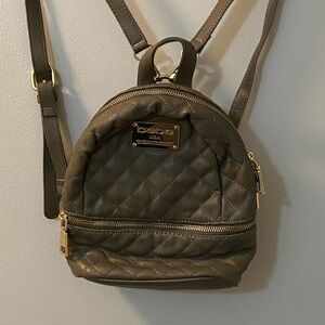 bebe quilted faux leather small mini backpacks in taupe with gold tone hardware